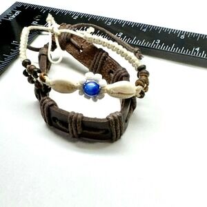 Boho Leather‎ Bracelet Shell Flower Blue Gem Beads Adjustable Set of 2